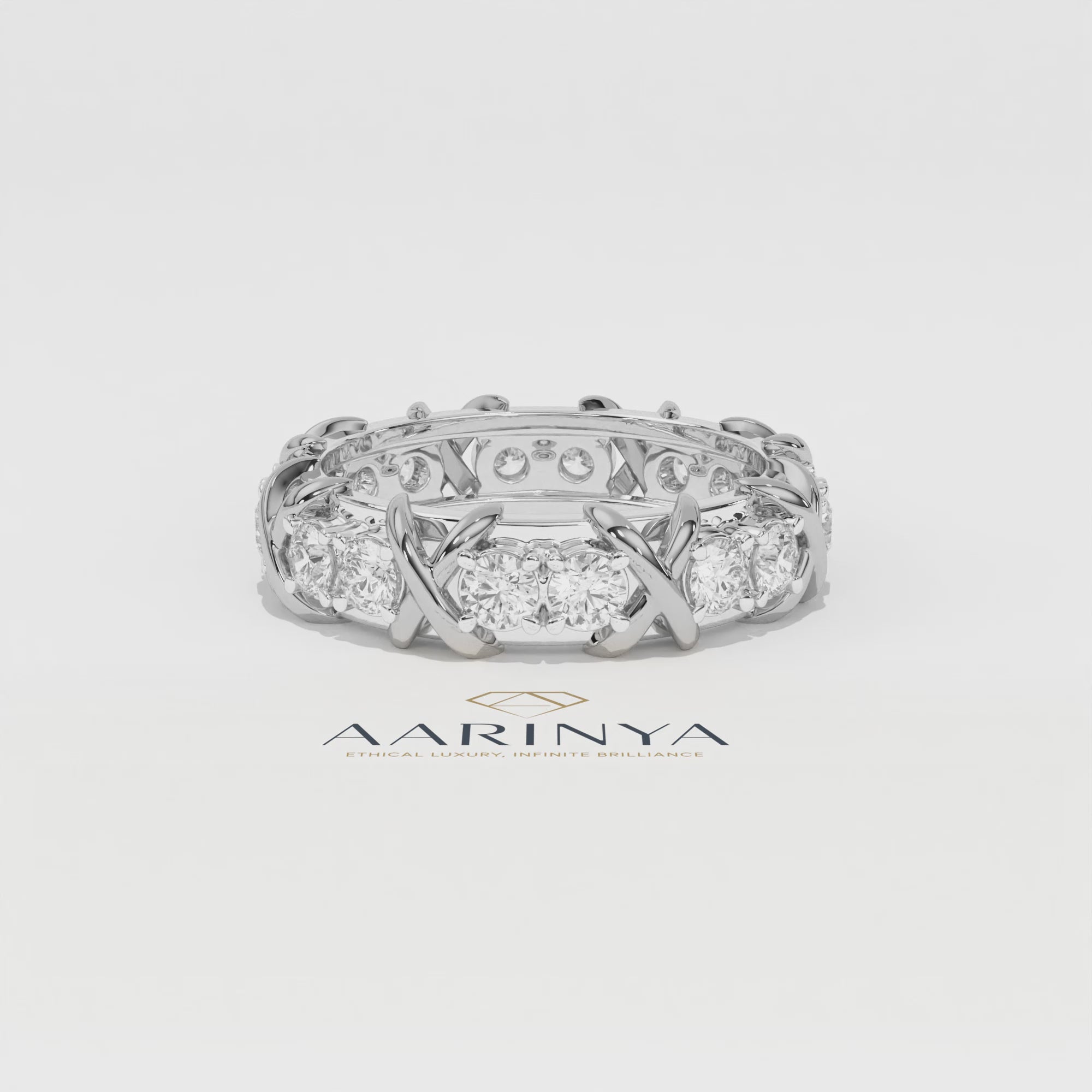 Aarinya Two-Tone Cross Link Diamond Eternity Band, The Renaissance Sculpted Two-Tone Cross Eternity Band Ring, Two-Tone "X" Link Eternity Ring