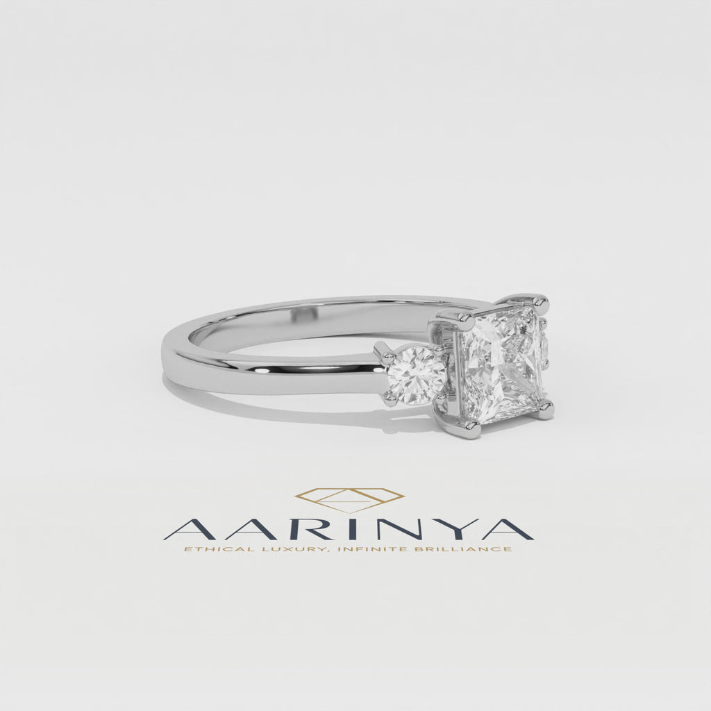 Aarinya Princess Cut Geometric Three-Stone Ring, The Empress Square Trilogy Ring, The Angular Brilliance Chevron Ring