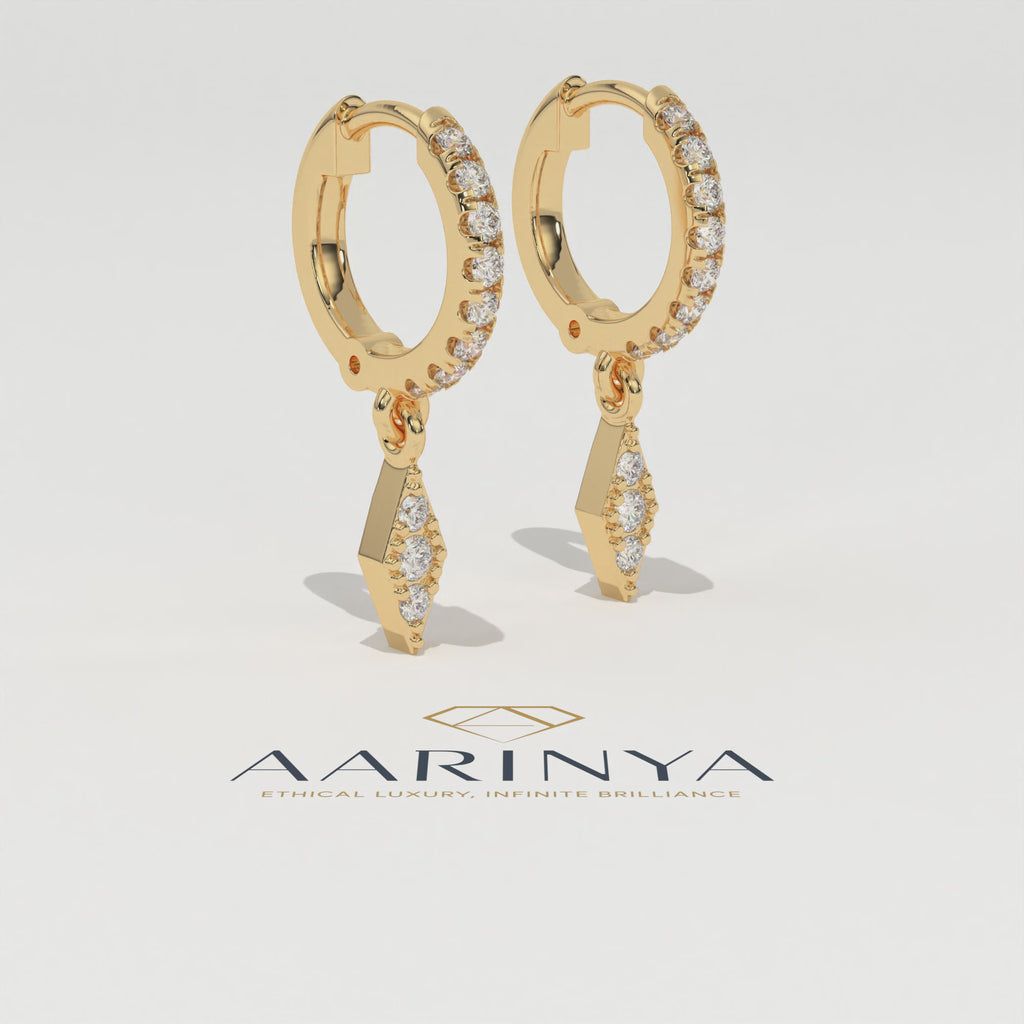 Aarinya Prism Diamond Huggie Dangles, Daily Wear Luxury, Dainty Kite Shaped Dangle Hoop Earrings, Graduation or Promotion Gift