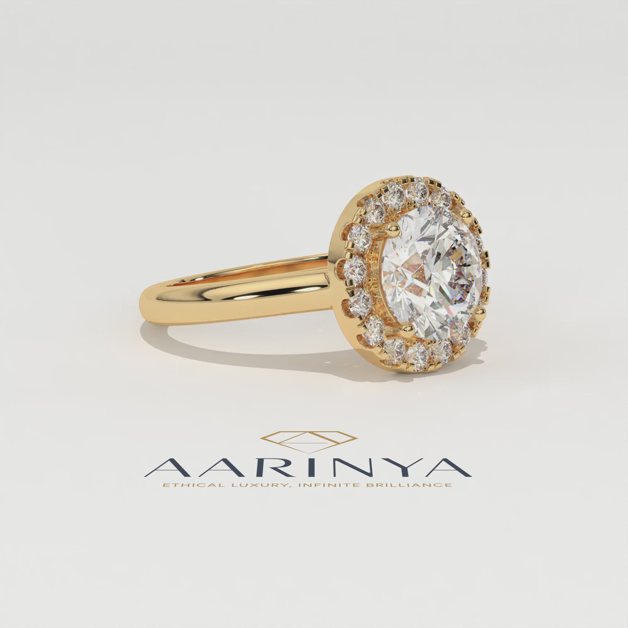 Aarinya Majestic Round Halo Ring, The Imperial Brilliance Statement Ring, Classic Halo Solitaire with Plain Band