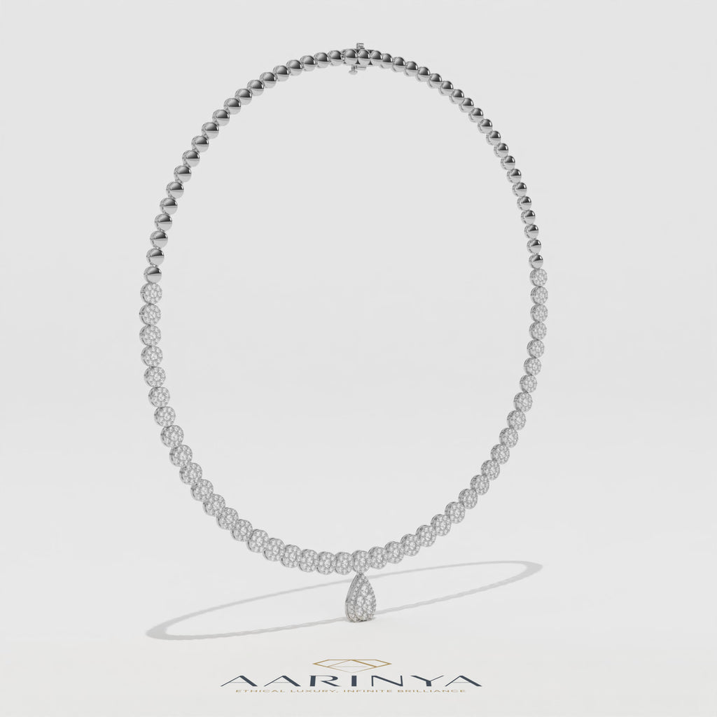 Aarinya Diamond Halo Tennis Necklace with Pear Pendant Drop